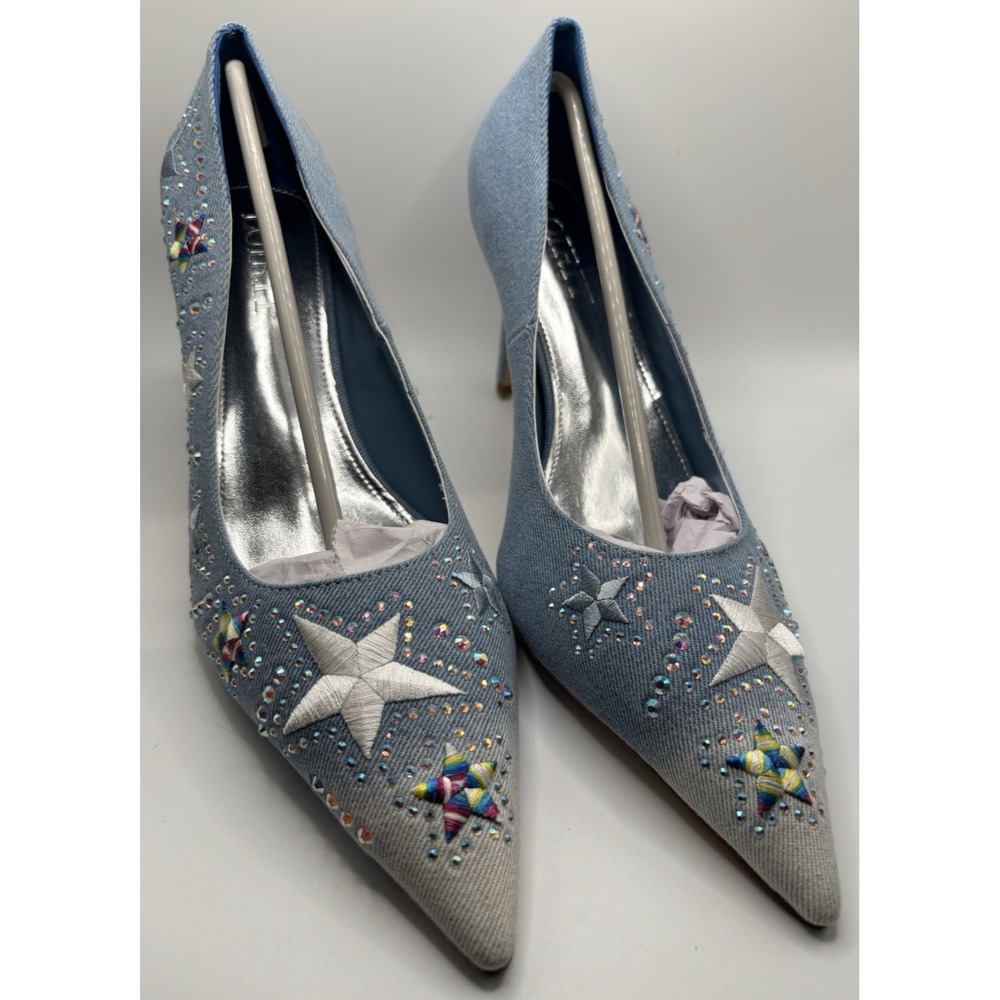 Loirit Blue Star Embellished Rhinestone Pointed Toe Stiletto Pumps Women Party